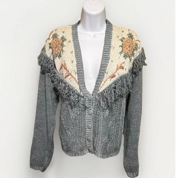 Vtg Hand Knit Fringe Cardigan Sweater Blue Floral Granny Cottage 80s Boho Size L - Picture 1 of 7